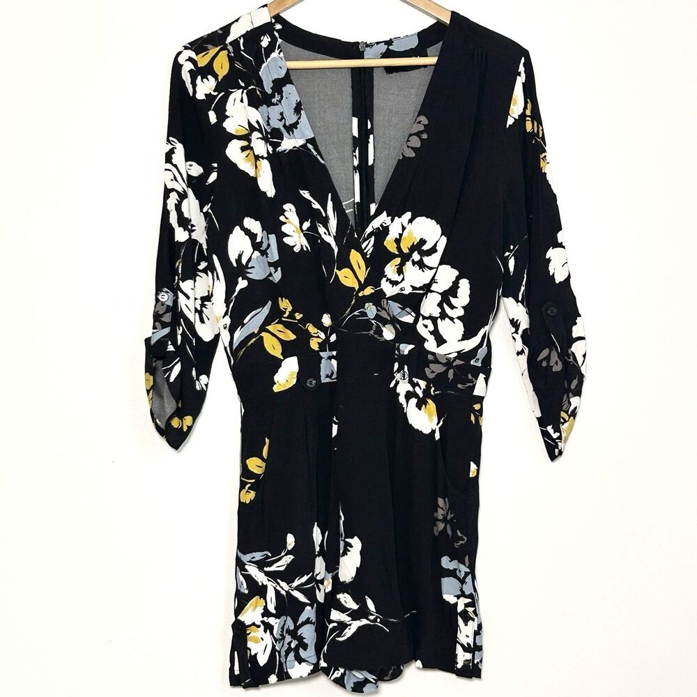 Yumi Kim Floral Romper Black White Yellow V Neck Long Sleeve Women M